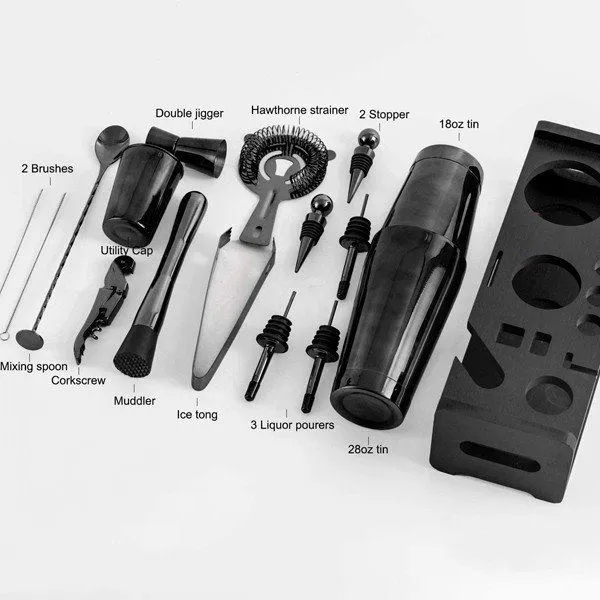 Svart cocktailshakerset med stativ