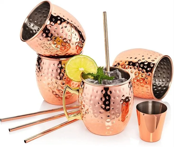 Kopparmuggar i rostfritt stål med sugrör